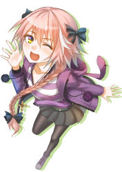 Rule 34 | 1boy, animal hood, astolfo (fate), astolfo (memories at trifas) (fate), black pantyhose, braid, cross, fang, fate/apocrypha, fate (series), full body, hair ribbon, highres, hood, hooded jacket, jacket, jewelry, long hair, looking at viewer, maisaki, male focus, necklace, official alternate costume, one eye closed, open mouth, pantyhose, pink hair, ribbon, shirt, shoes, simple background, single braid, skirt, smile, sneakers, solo, striped clothes, striped shirt, trap, waving, white background, yellow eyes