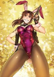 Rule 34 | 1girl, animal ears, bare shoulders, black lagoon, bow, bowtie, breasts, brown eyes, brown hair, cleavage, commentary request, cowboy shot, crazy eyes, detached collar, evil grin, evil smile, eyes visible through hair, fake animal ears, fingerless gloves, from below, gloves, gluteal fold, grin, gun, handgun, highres, hiroe rei, holding, holding gun, holding weapon, holster, holstered, leotard, looking at viewer, medium breasts, medium hair, neck tattoo, pantyhose, pistol, playboy bunny, ponytail, rabbit ears, rabbit tail, revy (black lagoon), shoulder tattoo, sleeveless, smile, solo, strapless, strapless leotard, tail, tattoo, teeth, view between legs, weapon, wrist cuffs