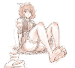 Rule 34 | 1girl, barefoot, bloomers, blush, boots, dress, feet, full body, hat, highres, kuro suto sukii, letty whiterock, monochrome, short hair, simple background, sitting, sketch, soles, solo, sweatdrop, toe scrunch, toes, touhou, underwear, white background