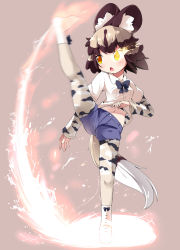 Rule 34 | 10s, 1girl, african wild dog (kemono friends), african wild dog print, animal ears, axe kick, black bow, black bowtie, boots, bow, bowtie, chestnut mouth, commentary request, cutoffs, dog ears, dog tail, flaming eye, footwear bow, full body, glowing, glowing eye, heterochromia, highres, kemono friends, layered sleeves, leg up, long sleeves, makuran, midriff peek, motion blur, multicolored hair, navel, open mouth, orange eyes, pantyhose, pantyhose under shorts, print pantyhose, print sleeves, shirt, short hair, short over long sleeves, short shorts, short sleeves, shorts, solo, tail, two-tone hair, v-shaped eyebrows, white footwear, white shirt, yellow eyes