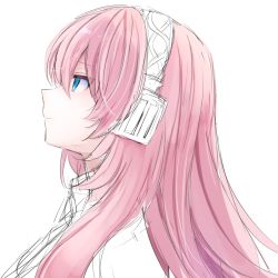 Rule 34 | 1girl, blue eyes, commentary, expressionless, half-closed eyes, headphones, kkr rkgk, long hair, megurine luka, pink hair, portrait, profile, sketch, solo, unfinished, vocaloid, white background