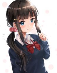 Rule 34 | 1girl, absurdres, black hair, blue eyes, blue sweater, blunt bangs, blush, bow, bowtie, breasts, closed mouth, collared shirt, commentary request, dress shirt, hair ornament, hair scrunchie, hairclip, hand up, heart, heart hair ornament, highres, kurosawa dia, long hair, long sleeves, love live!, love live! sunshine!!, low ponytail, mole, pink scrunchie, ponytail, red bow, red bowtie, school uniform, scrunchie, shirt, sidelocks, sin (sin52y), sleeves past wrists, small breasts, smile, solo, sweater, upper body, white background, white shirt