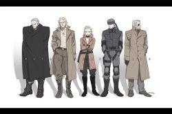 Rule 34 | 1girl, 4boys, abs, bacher, bandana, beard, big boss, blonde hair, bodysuit, boots, breasts, brown hair, cape, choker, cleavage, coat, combat boots, cross-laced footwear, crossed arms, dog tags, elbow pads, eva (metal gear), eyepatch, facial hair, ghost in the shell, ghost in the shell lineup, ghost in the shell stand alone complex, gloves, grey hair, hand in pocket, knee pads, lace-up boots, letterboxed, liquid snake, mature female, medium breasts, metal gear (series), metal gear solid, metal gear solid 2: sons of liberty, mullet, multiple boys, mustache, open clothes, open coat, parody, solid snake, solidus snake, topless male, trench coat