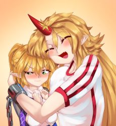 Rule 34 | 2girls, absurdres, arm warmers, arms up, blonde hair, blush, breasts, chain, closed eyes, commentary request, cuffs, dress, fang, furrowed brow, gradient background, green eyes, grimace, hair between eyes, hand on another&#039;s head, heads together, highres, horns, hoshiguma yuugi, hug, large breasts, layered dress, long hair, looking down, mizuhashi parsee, multiple girls, open mouth, orange background, parted bangs, pointy ears, puffy short sleeves, puffy sleeves, scarf, shackles, shirt, short sleeves, single horn, star (symbol), striped sleeves, sunnysideup, touhou, uneven eyes, upper body, very long hair, white scarf, white shirt