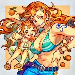 Rule 34 | 2girls, abs, age comparison, aokamei, bra, breasts, child, cleavage, denim, dress, green bra, green hair, heads together, jeans, long hair, looking at viewer, medium breasts, monkey dsmile, multiple girls, nami (one piece), navel, one piece, orange hair, pants, short hair, shoulder tattoo, smile, tattoo, time paradox, toned, underwear, aged down