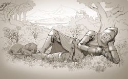 Rule 34 | 1boy, absurdres, animal, armor, bad id, bad twitter id, belt, castle, closed eyes, facial hair, flower, grass, greyscale, helmet, highres, lying, male focus, monochrome, mustache, on side, original, outdoors, smile, solo, tree, wass nonnam