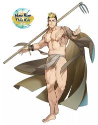 Rule 34 | 1boy, abs, bara, bare pectorals, barefoot, blonde hair, brown hair, bulge, full body, highres, kienbiu, large pectorals, loincloth, male focus, medium hair, mohawk, multicolored hair, muscular, nambinhthankhi, navel, nipples, official art, over shoulder, pectorals, pelvic curtain, polearm, shoulder tattoo, sideburns, solo, tattoo, thick thighs, thighs, two-tone hair, undressing, vambraces, weapon, weapon over shoulder, wide sleeves