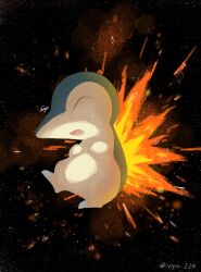 Rule 34 | animal focus, black background, closed eyes, creatures (company), cyndaquil, embers, fire, game freak, gen 2 pokemon, highres, inyo 124, nintendo, no humans, open mouth, pokemon, pokemon (creature), signature, solo, twitter username