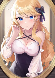 Rule 34 | 1girl, bare shoulders, black dress, blonde hair, blue eyes, blush, bow, breasts, chestnut mouth, cleavage, collarbone, commentary request, criss-cross halter, detached sleeves, dress, dress bow, earrings, female pov, hair bow, twirling hair, halterneck, hand in own hair, highres, idolmaster, idolmaster cinderella girls, idolmaster cinderella girls starlight stage, indoors, jewelry, large bow, large breasts, looking at mirror, mirror, necklace, ohtsuki yui, pov, reflection, sakura ran, solo