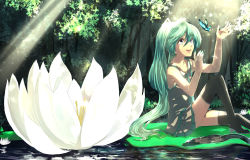 Rule 34 | 1girl, aqua hair, aqua nails, bad id, bad pixiv id, brown eyes, bug, butterfly, flower, forest, hatsune miku, highres, insect, light, lily pad, long hair, miturousoku, nail polish, nature, necktie, open mouth, shirt, sitting, sleeveless, sleeveless shirt, solo, twintails, very long hair, vocaloid