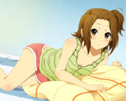 Rule 34 | 1girl, alternate hairstyle, bare shoulders, blush, bra, breasts, brown eyes, brown hair, casual, k-on!, lying, on side, pillow, shian (my lonly life.), short hair, shorts, side ponytail, small breasts, solo, tainaka ritsu, teeth, thighs, underwear
