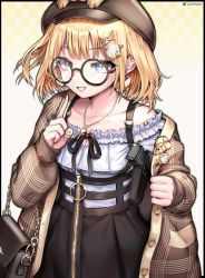 Rule 34 | 1girl, absurdres, bag, black skirt, blonde hair, blue eyes, breasts, brown jacket, bsapricot, bubba (watson amelia), cleavage, clothes pull, collarbone, commentary, english commentary, finger to mouth, gun, hair ornament, hairclip, handbag, handgun, highres, hololive, hololive english, holstered, jacket, jacket pull, looking back, pistol, plaid, plaid jacket, round eyewear, shushing, skirt, small breasts, solo, virtual youtuber, watson amelia, watson amelia (street casual), weapon