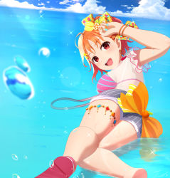 Rule 34 | 1girl, a chika-tastic summer (love live!), absurdres, air bubble, alternate hairstyle, antenna hair, aqua nails, artist name, artist request, bare legs, bare shoulders, barefoot, bikini, bikini under clothes, blue pants, blue shorts, blue sky, blush, bow, bracelet, braid, breasts, bridal garter, bubble, cleavage, clothes writing, cloud, collarbone, day, earrings, feet, female focus, food-themed hair ornament, from behind, hair bow, hair ornament, hairclip, halterneck, heart (symbol), high heels, highres, jewelry, looking at viewer, looking back, love live!, love live! school idol festival, love live! school idol festival all stars, love live! sunshine!!, medium breasts, medium hair, nail, nail polish, ocean, off-shoulder shirt, off shoulder, open fly, orange bow, orange hair, orange hair ornament, orange nails, outdoors, pants, parted bangs, parted lips, pearl bracelet, pink bikini, pink footwear, polka dot, polka dot bow, ponytail, red eyes, ribbon, sandals, see-through, see-through shirt, see-through sleeves, shirt, short hair, short sleeves, shorts, side braid, side ponytail, sideboob, single braid, sky, smile, solo, sparkle, strap slip, striped bikini, striped bow, striped clothes, striped pants, striped shorts, striped tank top, sunlight, suspenders, suspenders hanging, swimsuit, takami chika, tank top, thighlet, triangle hair ornament, two-tone bikini, vertical-striped clothes, vertical-striped shorts, wrist bow, yellow bow, yellow ribbon