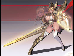 Rule 34 | 1girl, armor, armored boots, blonde hair, boots, breasts, cleavage, elf, faulds, full body, headgear, highleg, highleg panties, highres, holding, holding weapon, huge weapon, lance, large breasts, long hair, looking at viewer, metal wings, original, panties, pauldrons, pointy ears, polearm, revealing clothes, shield, shoulder armor, sideboob, sidelocks, single thigh boot, smile, smjim1986, solo, standing, thigh boots, thighhighs, underwear, weapon, white panties, white thighhighs, yellow eyes, zoom layer
