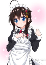Rule 34 | 1girl, ahoge, alternate costume, apron, bad id, bad pixiv id, black dress, blue eyes, blush, braid, brown hair, closed mouth, collared dress, dress, enmaided, frilled apron, frills, gradient background, hair between eyes, hair flaps, hair ornament, hair over shoulder, hair ribbon, hand on own chest, hoshino kagari, juliet sleeves, kantai collection, long hair, long sleeves, looking at viewer, maid, necktie, pink background, puffy sleeves, red necktie, red ribbon, ribbon, shigure (kancolle), shigure kai ni (kancolle), single braid, smile, solo, twitter username, upper body, white apron, wrist cuffs