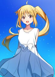 Rule 34 | 1girl, ahoge, blonde hair, blue background, bocchi the rock!, brown eyes, commentary request, cowboy shot, dress, floating hair, gradient background, highres, ijichi nijika, keito4f, light particles, long hair, looking at viewer, open mouth, side ponytail, sidelocks, simple background, sleeveless, sleeveless dress, smile, solo, standing, very long hair, white dress