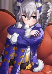 Rule 34 | 1girl, alternate costume, armored boots, blue coat, blue eyes, blue footwear, blush, boots, bow, bronya zaychik, bronya zaychik (snowy sniper), coat, couch, drill hair, fur-trimmed coat, fur trim, hair between eyes, hair bow, hair ornament, highres, honkai (series), honkai impact 3rd, hugging own legs, long hair, looking at viewer, open clothes, open coat, open mouth, sidelocks, signature, silver hair, sitting, solo, thigh boots, thighhighs, twin drills, twintails, xfate