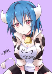 Rule 34 | 1girl, absurdres, animal print, bad id, bad pixiv id, bell, blue hair, blush, breasts, cleavage, closed mouth, collar, cow girl, cow horns, cow print, cow tail, hair between eyes, highres, horns, jashin-chan dropkick, large breasts, looking at viewer, miniskirt, minos (jashin-chan dropkick), neck bell, purple background, red eyes, short hair, simple background, sitting, skirt, solo, tail, yuuki shushu