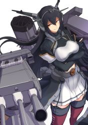 Rule 34 | 10s, 1girl, bad id, bad twitter id, black hair, bodysuit, boushi-ya, breasts, crossed arms, from above, hair between eyes, headgear, jacket, kantai collection, large breasts, long hair, looking at viewer, midriff, nagato (kancolle), nagato kai ni (kancolle), pleated skirt, red thighhighs, rigging, simple background, skirt, smile, smokestack, solo, thighhighs, turret, white background, white skirt, yellow eyes