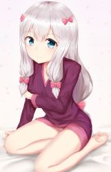 Rule 34 | 10s, 1girl, bare legs, barefoot, bed sheet, blue eyes, bow, breasts, cleavage, closed mouth, collarbone, commentary request, eromanga sensei, hair bow, hand on own arm, highres, izumi sagiri, long hair, long sleeves, looking at viewer, low-tied long hair, nenosame (nenosame5 ), panties, pantyshot, pink bow, purple sweater, sidelocks, silver hair, simple background, sitting, small breasts, smile, solo, sweater, tareme, underwear, very long hair, white background, white panties, yokozuwari