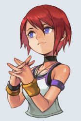 Rule 34 | 1girl, black choker, blue eyes, choker, cropped torso, fingers together, grey background, hungry clicker, kairi (kingdom hearts), kingdom hearts, kingdom hearts i, looking to the side, red hair, short hair, smile, solo, wristband