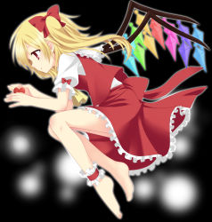 Rule 34 | 1girl, ankle cuffs, ankle garter, bad id, bad pixiv id, barefoot, blonde hair, etou (cherry7), feet, female focus, flandre scarlet, highres, ponytail, profile, red eyes, short hair, side ponytail, solo, embodiment of scarlet devil, touhou, wings
