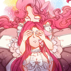 Rule 34 | 2girls, closed eyes, covering another&#039;s eyes, covering own eyes, dual persona, highres, kumo ni notte, long hair, multiple girls, my little pony, my little pony: friendship is magic, nail polish, pink hair, pinkie pie