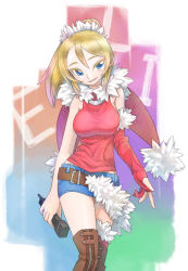 Rule 34 | 10s, 1girl, ayase eli, belt, blonde hair, boots, breasts, casual, character name, denim, denim shorts, denim skirt, elbow gloves, fur-trimmed gloves, fur trim, gloves, love live!, love live! school idol project, microphone, narrowed eyes, parted lips, partially fingerless gloves, peaceyj, ponytail, santa costume, scrunchie, shorts, skirt, solo, thigh boots, thighhighs, wings, zipper