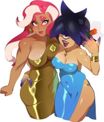 Rule 34 | 1boy, 1girl, absurdres, arm around waist, bare shoulders, black hair, blue dress, blue hair, bracelet, breasts, brown eyes, cigar, cleavage, combos &amp; doodles, covered navel, cyclops, dress, earrings, gold dress, gradient hair, highres, holding, holding cigar, hoop earrings, jewelry, large breasts, long hair, looking at viewer, medium breasts, multicolored hair, nintendo, octoling, octoling player character, one-eyed, open mouth, pink hair, ring, simple background, sleeveless, splatoon (series), strapless, strapless dress, takoko yakisoba (combos &amp; doodles), tentacle hair, tight clothes, trap, two-tone hair, white background