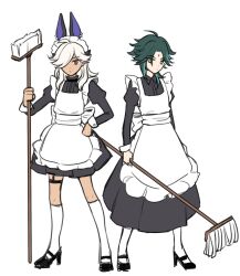 Rule 34 | 2boys, ahoge, alternate costume, animal ears, apron, aqua hair, back bow, black dress, black footwear, bow, broom, closed mouth, collared dress, commentary request, crossdressing, cyno (genshin impact), dark-skinned male, dark skin, dress, enmaided, fake animal ears, forehead, frilled apron, frills, genshin impact, green hair, hair over one eye, hand on own hip, high heels, highres, holding, holding broom, holding mop, jackal ears, juliet sleeves, kneehighs, korean commentary, long hair, long sleeves, looking at viewer, maid, maid apron, maid headdress, male focus, medium hair, mop, multicolored hair, multiple boys, one eye covered, parted bangs, pleated dress, puffy sleeves, red eyes, resso (resso oo), serious, shoes, short dress, simple background, sleeve cuffs, socks, standing, streaked hair, swept bangs, thigh strap, white apron, white background, white bow, white hair, white socks, xiao (genshin impact), yellow eyes