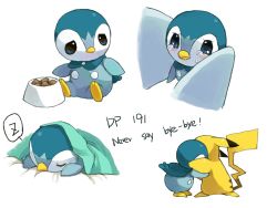 Rule 34 | animal focus, blanket, blue eyes, blush, bowl, clenched teeth, closed eyes, creatures (company), crying, english text, episode number, closed eyes, from side, full body, game freak, gen 1 pokemon, gen 4 pokemon, hug, multiple views, nintendo, no humans, pet bowl, pet food, pikachu, piplup, pokemon, pokemon (anime), pokemon (creature), pokemon dppt (anime), puddingx2, sad, simple background, sitting, sleeping, spoken zzz, standing, tears, teeth, u u, under covers, white background, zzz