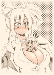 Rule 34 | 00s, 2girls, :o, ^^^, agito, agito (nanoha), between breasts, breasts, cleavage, collarbone, large breasts, long sleeves, looking at viewer, lyrical nanoha, mahou shoujo lyrical nanoha, mahou shoujo lyrical nanoha strikers, military, military uniform, mini person, minigirl, multiple girls, parted lips, person between breasts, signum, silver hair, sitting, surprised, uniform, yellow eyes