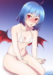 Rule 34 | 1girl, ahoge, alternate costume, bat wings, between legs, bikini, blue hair, blush, breasts, bright pupils, collarbone, fingernails, gradient background, gradient hair, hair between eyes, hand between legs, highres, long fingernails, looking to the side, looking up, micro bikini, multicolored hair, nail polish, navel, nose blush, outline, parted lips, pink hair, pink lips, pink nails, purple hair, red eyes, remilia scarlet, shiraue yuu, short hair, sitting, small breasts, solo, stomach, sweatdrop, swimsuit, thighs, touhou, water, white bikini, white pupils, wings