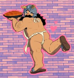 Rule 34 | 1boy, apron, armpit hair, armpit hair peek, ass, bara, beard, belly, dungeon meshi, dwarf, facial hair, food, from behind, full body, fundoshi, heart, highres, holding, holding food, japanese clothes, jarfield (battychow), long beard, looking at viewer, looking back, male focus, mustache, nearly naked apron, plump, senshi (dungeon meshi), slippers, solo, standing, standing on one leg, thick arm hair, thick mustache, very long beard, wok