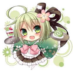 Rule 34 | :d, ahoge, apron, bad id, bad pixiv id, black hat, black ribbon, black skirt, blush, bow, cake, cherry, cherry blossom print, chibi, fang, floral print, flower, food, frilled apron, frilled kimono, frilled skirt, frilled sleeves, frills, fruit, full body, ghost tail, green eyes, green hair, green kimono, green theme, hair between eyes, hair flower, hair ornament, hair ribbon, hat, himetsuki luna, holding, holding tray, japanese clothes, kimono, long hair, long sleeves, looking at viewer, maid, open mouth, parfait, pink bow, pink flower, pleated skirt, print kimono, ribbon, short kimono, skirt, sleeves past fingers, sleeves past wrists, smile, soga no tojiko, solo, swiss roll, tate eboshi, touhou, tray, wa maid, wafer stick, waist apron, white apron, white background, wide sleeves