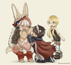 Rule 34 | 1boy, 1girl, 1other, absurdres, ambiguous gender, animal ears, artist name, bad id, bad twitter id, blonde hair, blush, brown hair, cape, embarrassed, closed eyes, facing another, furry, glasses, green eyes, helmet, highres, kawasemi27, kneeling, long hair, looking at another, made in abyss, nanachi (made in abyss), open mouth, regu (made in abyss), riko (made in abyss), scar, semi-rimless eyewear, short hair, smile, standing, tail, twintails, twitter username, under-rim eyewear, white hair, yellow eyes