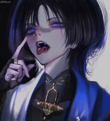 Rule 34 | 1boy, ayane asamura, black gloves, black shirt, blue eyes, commentary, english commentary, fangs, fingerless gloves, genshin impact, gloves, highres, jewelry, looking at viewer, male focus, medium hair, parted bangs, portrait, ring, scaramouche (genshin impact), shirt, solo, twitter username, vest, wanderer (genshin impact), white vest