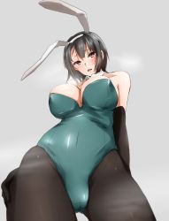 Rule 34 | 10s, 1girl, animal ears, black hair, blush, breasts, cameltoe, covered erect nipples, elbow gloves, fake animal ears, female focus, from below, gloves, highres, kantai collection, large breasts, looking at viewer, mogi yasunobu, open mouth, pantyhose, playboy bunny, rabbit ears, red eyes, short hair, solo, takao (kancolle)
