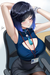 Rule 34 | 1girl, armpit lips, armpits, arms behind head, arms up, asymmetrical bangs, bare shoulders, black hair, black skirt, blue hair, blunt bangs, blush, bob cut, breasts, brown pantyhose, chair, cleavage, cleavage cutout, clothing cutout, diagonal bangs, dice, genshin impact, gradient background, green eyes, grey background, halterneck, highres, jewelry, large breasts, mole, mole on breast, multicolored hair, necklace, office chair, office lady, one eye closed, pantyhose, pencil skirt, piukute062, short hair, skirt, sleeveless, solo, swept bangs, swivel chair, tassel, thighs, two-tone hair, white background, yelan (genshin impact)