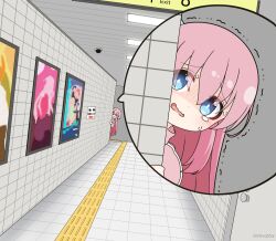 Rule 34 | 1girl, blue eyes, bocchi the rock!, commentary request, gotoh hitori, hair between eyes, indoors, jacket, long hair, mitya, open mouth, peeking out, pink hair, pink jacket, tears, the exit 8, tile floor, tiles, track jacket, trembling, turn pale, very long hair, wavy mouth
