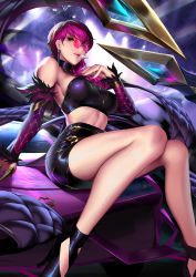 Rule 34 | 1girl, bare legs, bare shoulders, black choker, black footwear, black skirt, breasts, choker, cian yo, claws, commentary, crop top, detached sleeves, earrings, evelynn (league of legends), feather-trimmed sleeves, feather trim, glasses, hair over shoulder, halterneck, halterneck, high heels, highres, jewelry, k/da (league of legends), k/da evelynn, league of legends, long hair, looking over eyewear, looking over glasses, medium breasts, microphone, midriff, nail polish, parted lips, pince-nez, pink-tinted eyewear, pink-tinted glasses, purple hair, purple nails, sitting, skirt, solo, sunglasses, tinted eyewear, yellow eyes