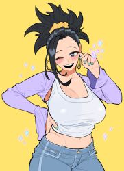 ;d absurdres black_eyes black_hair blue_pants blush boku_no_hero_academia breasts denim earrings green_nails hair_ornament hair_scrunchie highres hoop_earrings jeans jewelry large_breasts loopvoid navel one_eye_closed open_mouth pants purple_shrug scrunchie smile tank_top white_tank_top yaoyorozu_momo yellow_background