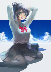 Rule 34 | 1girl, absurdres, arms up, black pantyhose, black skirt, blue sky, blush, bow, bowtie, breasts, cloud, cloudy sky, green eyes, highres, jun wei, large breasts, open mouth, original, pantyhose, red neckwear, school uniform, see-through, sitting, skirt, sky, smile, solo, striped bow, striped bowtie, striped clothes, striped neckwear, tented shirt, tight clothes, uniform