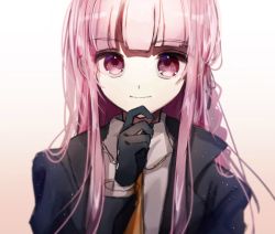Rule 34 | 1girl, black gloves, black jacket, blunt bangs, braid, closed mouth, collared shirt, commentary request, danganronpa: trigger happy havoc, danganronpa (series), gloves, hair ribbon, hand on own chin, hand up, jacket, kirigiri kyoko, long hair, long sleeves, looking at viewer, mdr (mdrmdr1003), necktie, open clothes, open jacket, pink hair, portrait, purple eyes, purple hair, ribbon, shirt, side braid, simple background, single braid, smile, solo, white background, white shirt