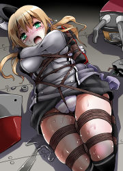 Rule 34 | 10s, 1girl, bdsm, blonde hair, bondage, bound, cameltoe, crotch rope, green eyes, highres, kantai collection, lilish, looking at viewer, lying, on back, open mouth, panties, pleated skirt, prinz eugen (kancolle), shibari, skindentation, skirt, solo, tears, thighhighs, twintails, underwear, white panties