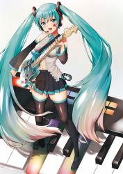Rule 34 | 1girl, absurdly long hair, agnam ore, aqua eyes, aqua hair, bad id, bad pixiv id, boots, character name, detached sleeves, electric guitar, full body, guitar, hatsune miku, headset, highres, instrument, long hair, navel, necktie, open mouth, piano keys, pleated skirt, plectrum, skirt, solo, thigh boots, thighhighs, twintails, very long hair, vocaloid