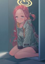 Rule 34 | 1girl, bare legs, blue archive, commentary request, forehead, hair ribbon, halo, highres, jacket, locker, long hair, looking at viewer, nishiki koi, purple eyes, red hair, ribbon, school uniform, sitting, solo, tears, twitter username, yuzu (blue archive)
