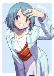 1girl blue_background blue_eyes blue_hair blue_shirt blush border collarbone fanny_pack grin highres jewelry long_shirt looking_at_viewer mahou_shoujo_madoka_magica mahou_shoujo_madoka_magica_(anime) miki_sayaka open_clothes open_shirt ring romaji_text shirt short_hair smile solo touyu_(yuruyuruto) white_border white_shirt