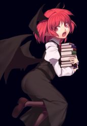 Rule 34 | 1girl, ass, black background, black pantyhose, black skirt, black wings, book, book stack, brown footwear, head wings, holding, holding book, juliet sleeves, kaiza (rider000), koakuma, long skirt, long sleeves, looking at viewer, necktie, open mouth, pantyhose, pointy ears, puffy sleeves, red eyes, red hair, red necktie, shirt, shoes, simple background, skirt, skirt set, solo, sweatdrop, touhou, vest, white shirt, wings