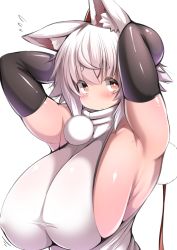 Rule 34 | 1girl, animal ears, armpits, arms behind head, black gloves, blush, breasts, commentary request, covered erect nipples, elbow gloves, flying sweatdrops, gloves, highres, huge breasts, inubashiri momiji, long hair, looking at viewer, shishi juuroku, sideboob, simple background, solo, thick eyebrows, touhou, white background, white hair, wolf ears